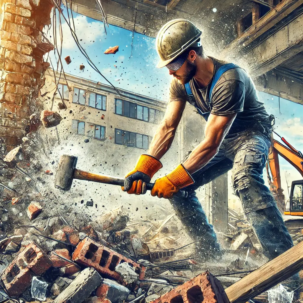 Person demolishing a wall with a sledgehammer